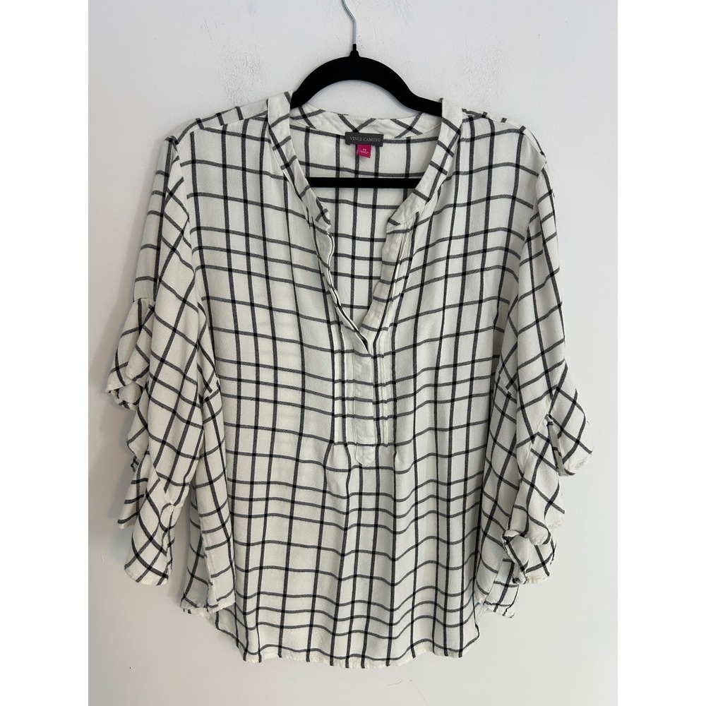 Vince Camuto Women 2X White Black Windowpane Plaid Ruffle Sleeve Blouse Top